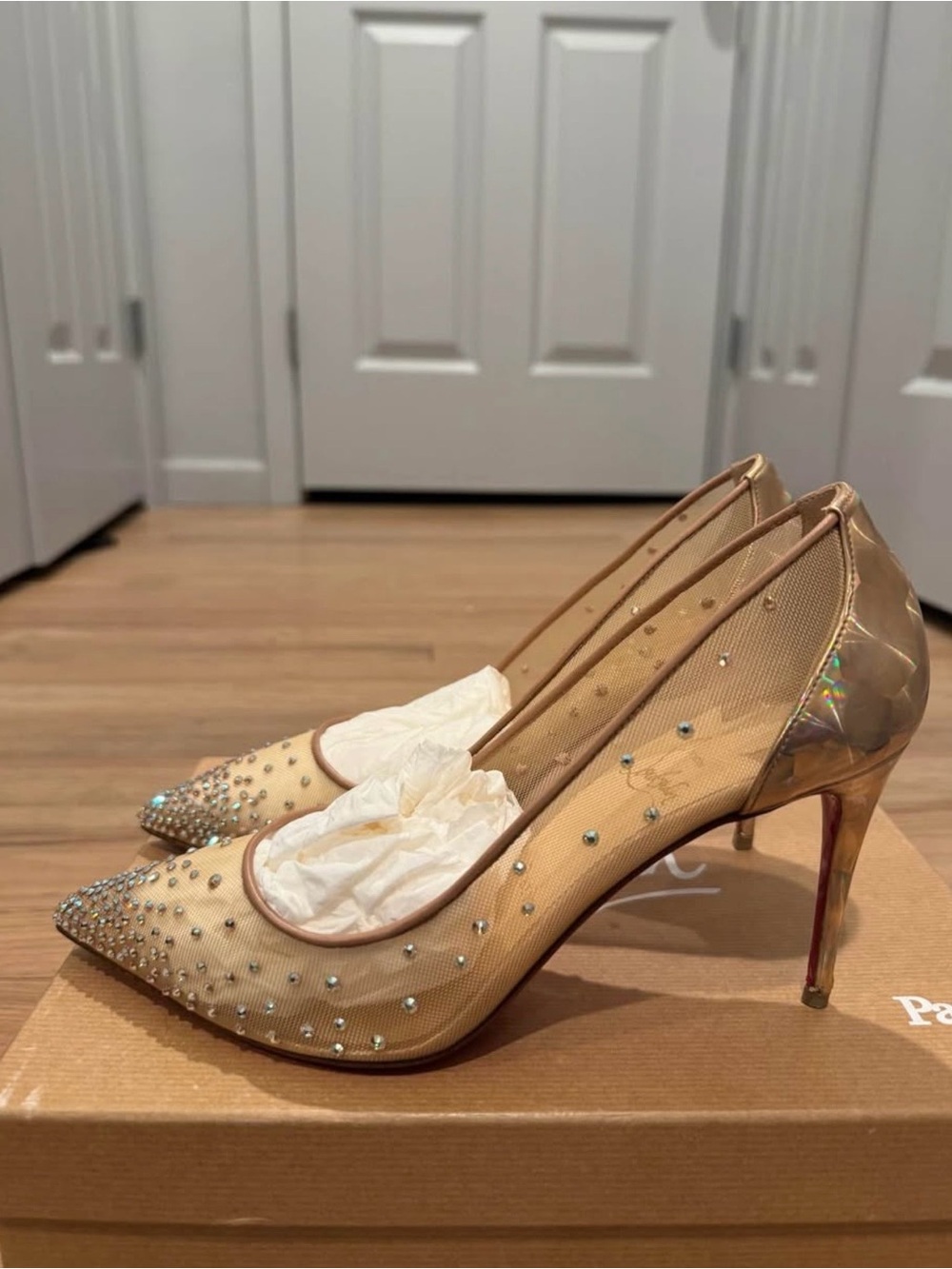 Christian Louboutin Beige Crystal-Embellished Pointed Flats